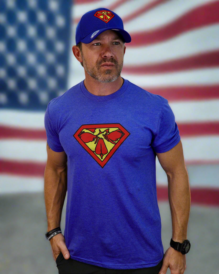 Man wearing a blue t-shirt with a red and yellow logo and a matching blue cap on a white background