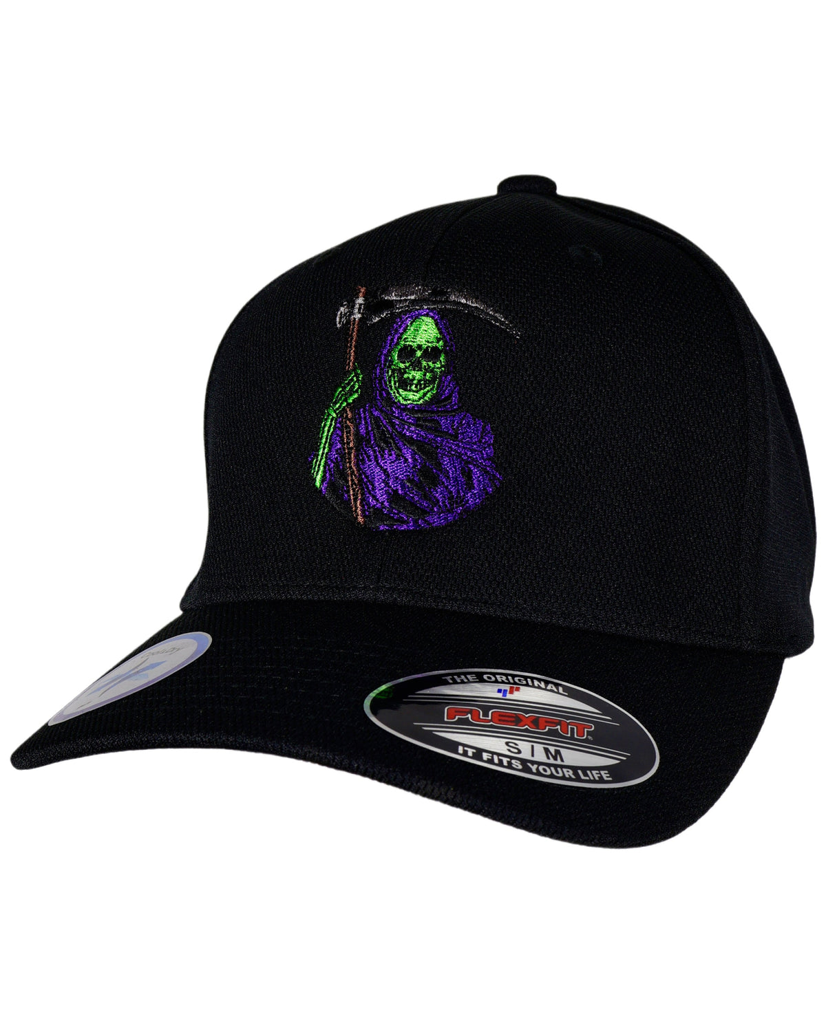 Black cap with a colorful embroidered design on a white background
