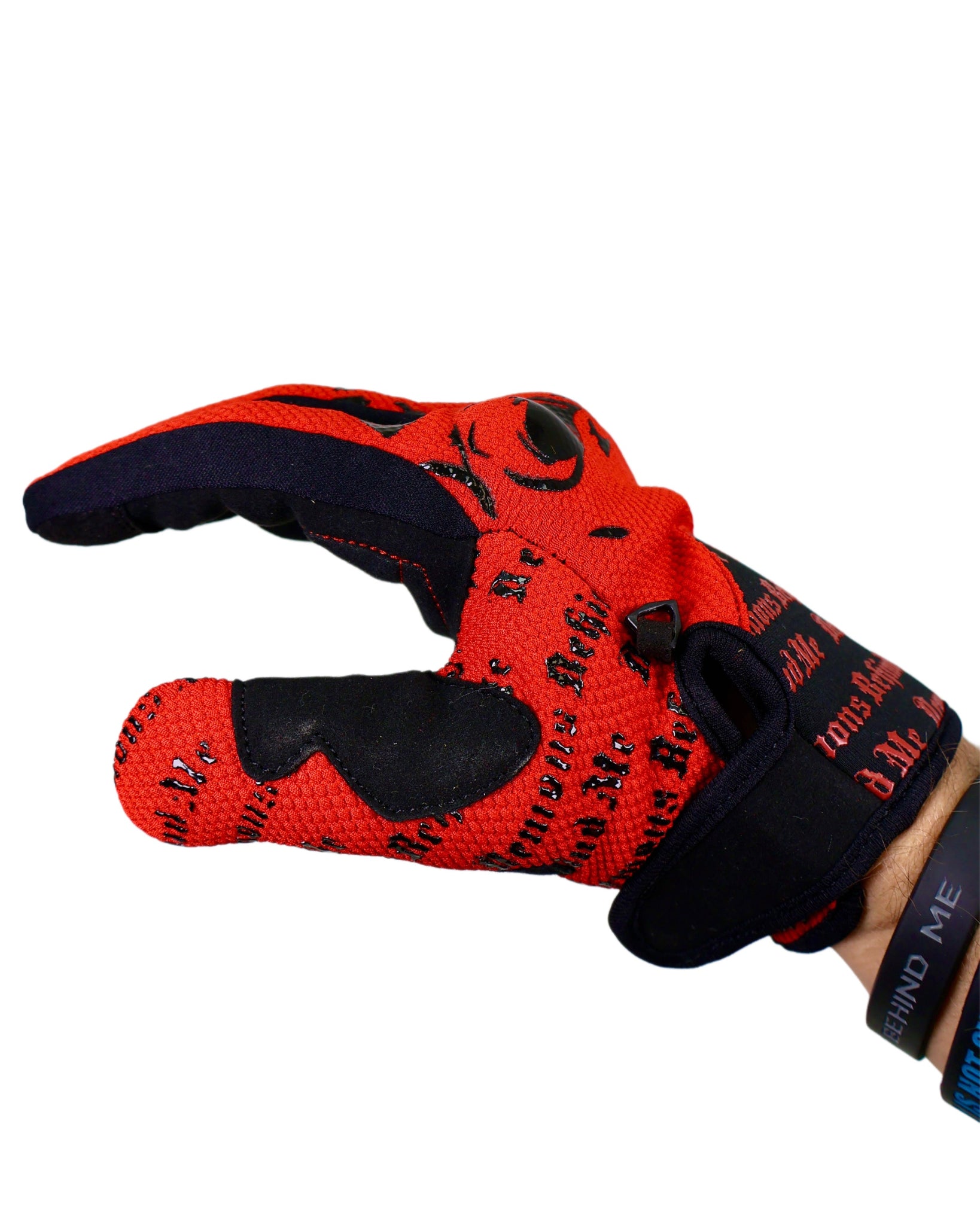 Red and black glove with text on a white background