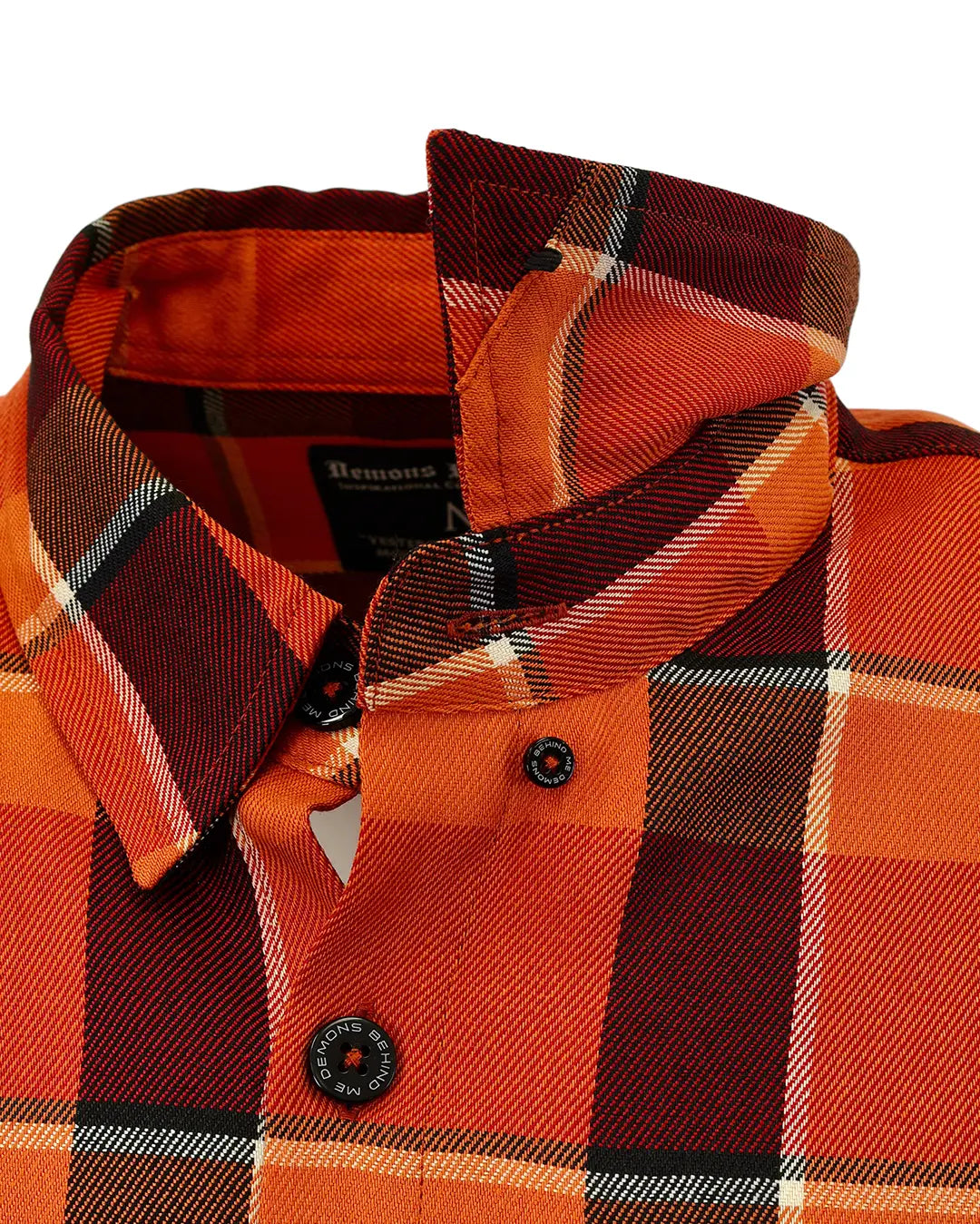 Men’s “Harvest” 2.0 orange plaid premium flannel – button-down collar detail