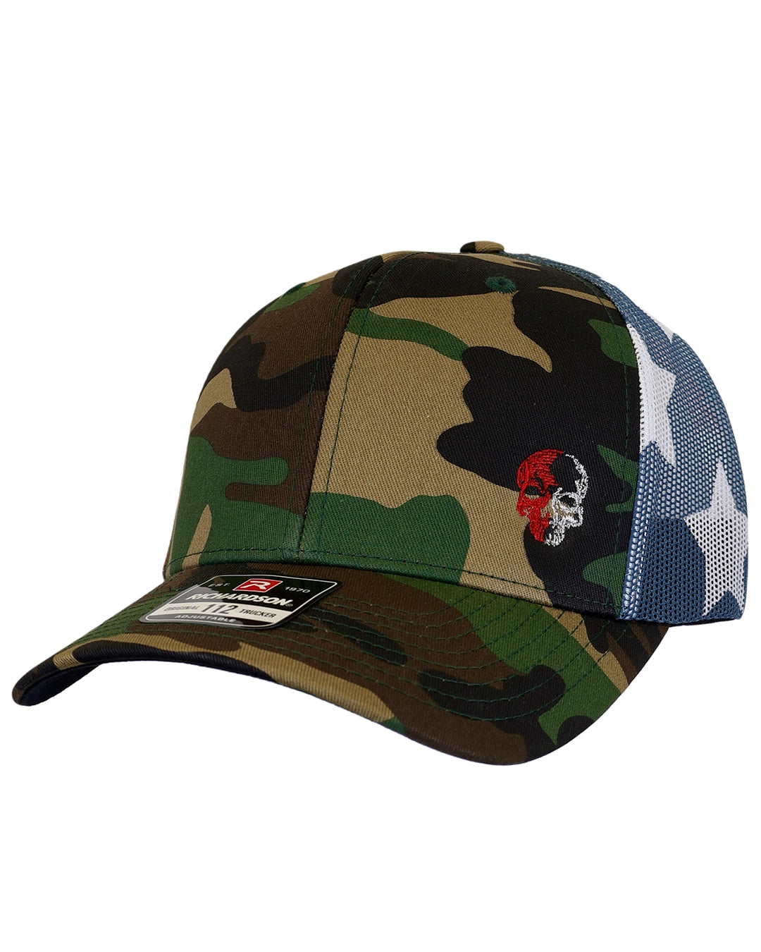 Richardson “Clean” skull patriotic mesh trucker hat in green camo with Stars & Stripes mesh