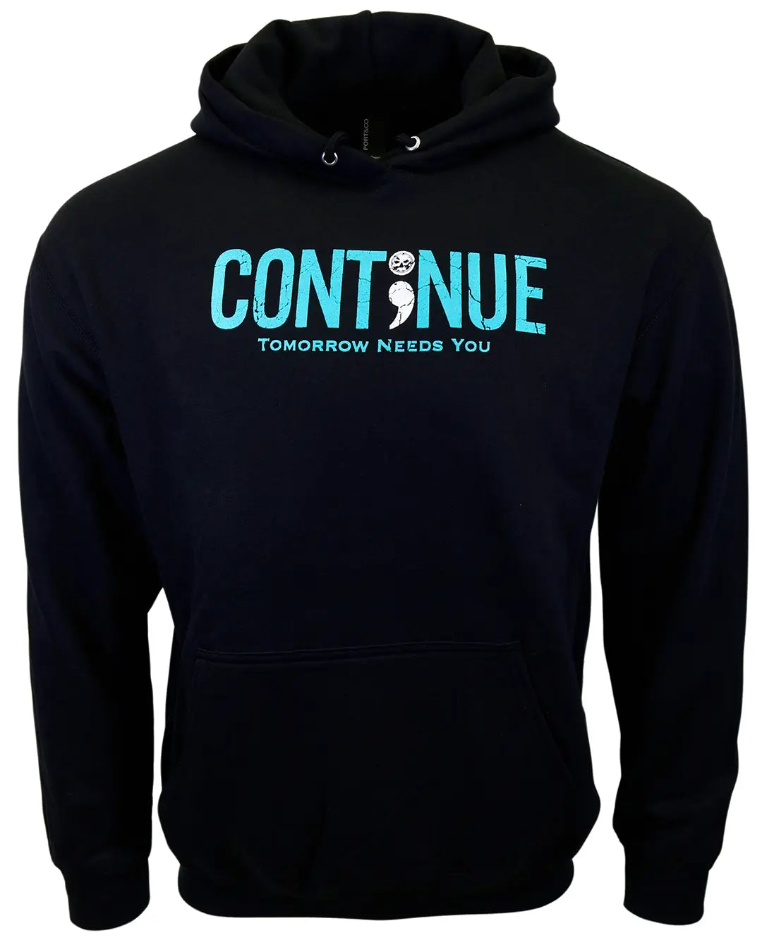 “Continue” suicide prevention black unisex hoodie – teal front message