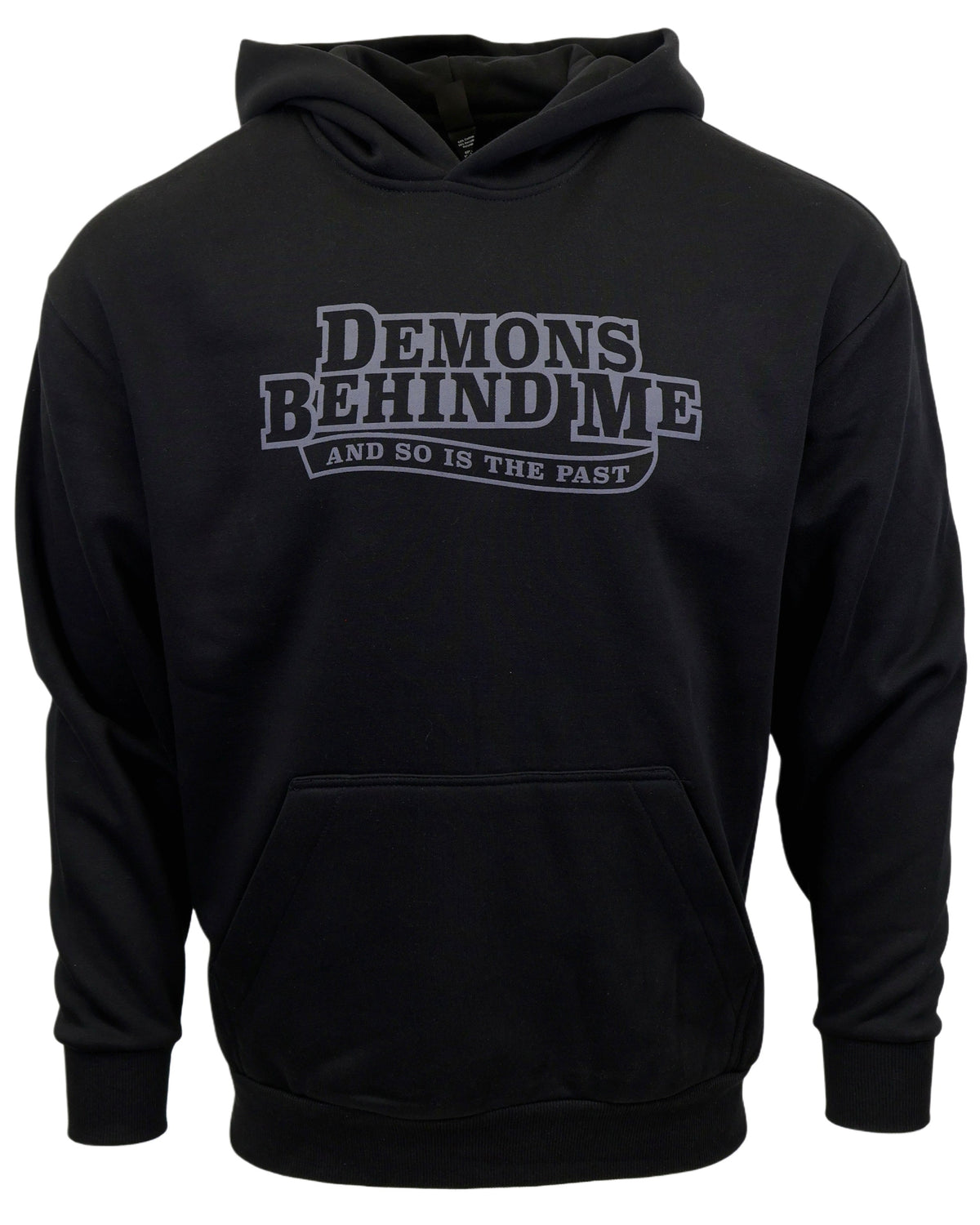 Black hoodie with 'Demons Behind Me' text on a white background