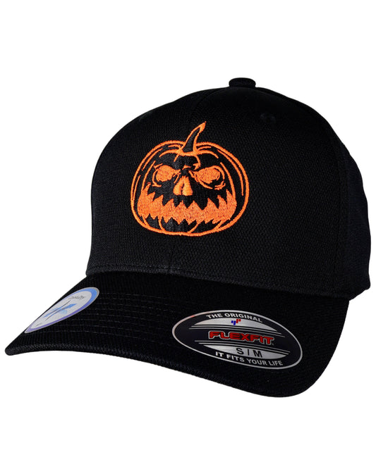 Black cap with orange pumpkin design on a white background