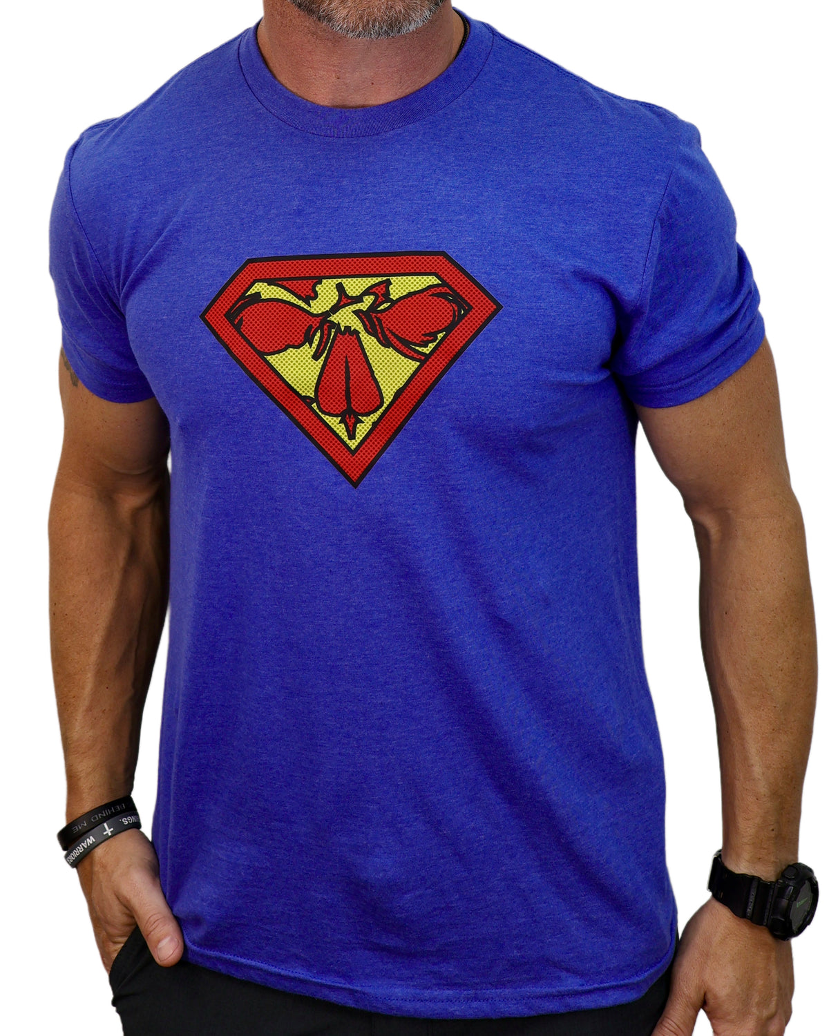 Blue t-shirt with a red and yellow logo worn by a person on a white background