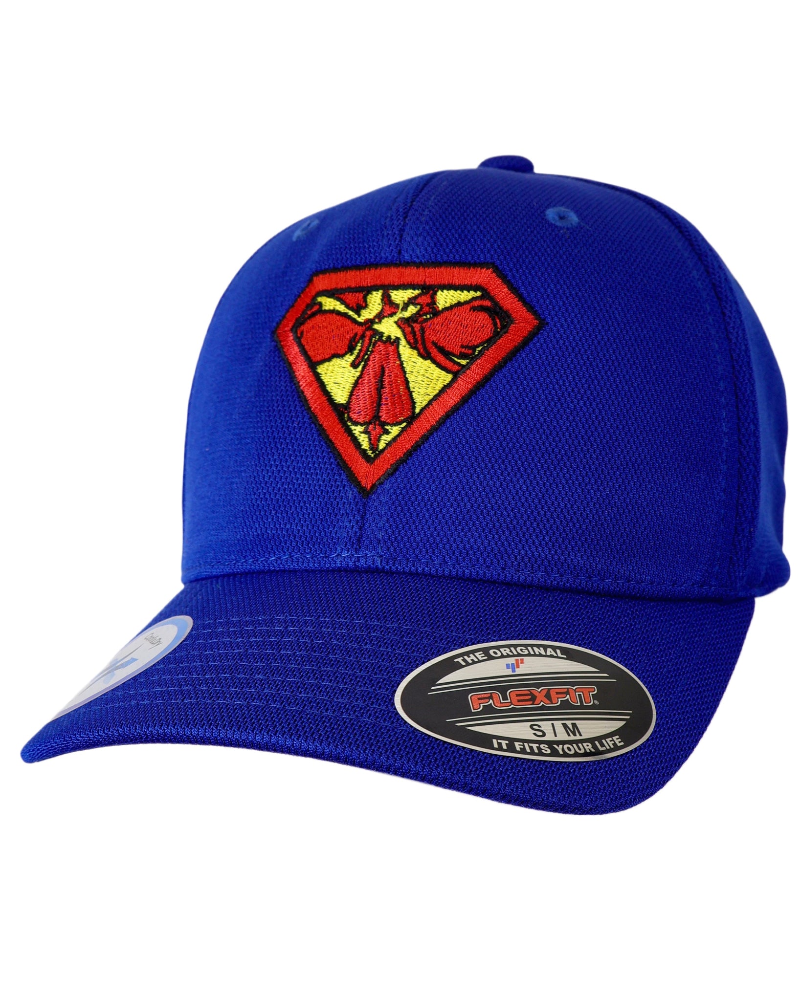 Blue cap with a red and yellow superhero logo on a white background