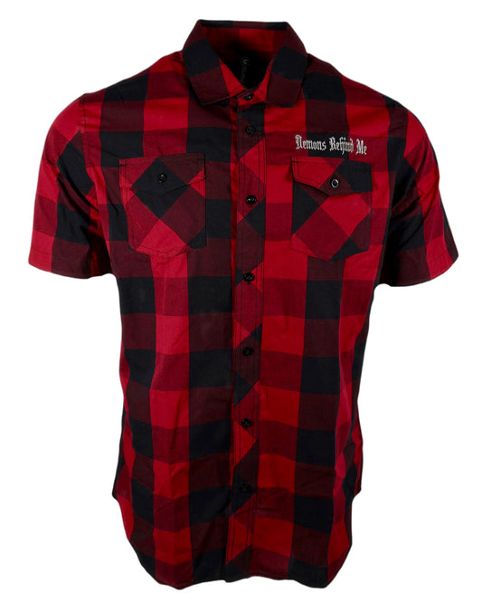 Men's Red Light-Weight Embroidered Button Up