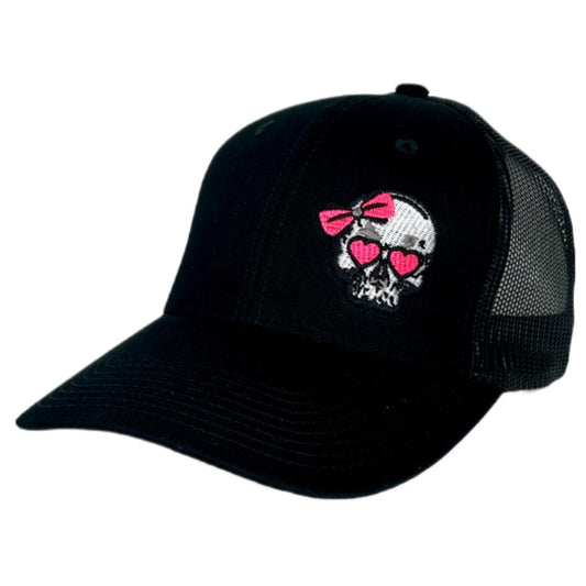Women's Black Snapback Ponytail Trucker Cap - Pink Bow