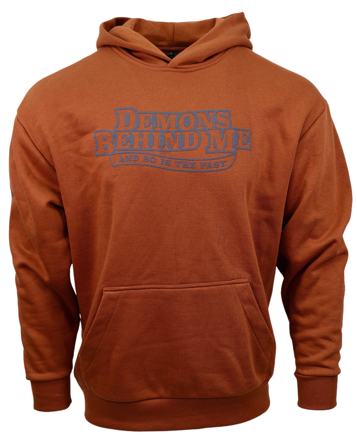 Brown hoodie with text on a white background
