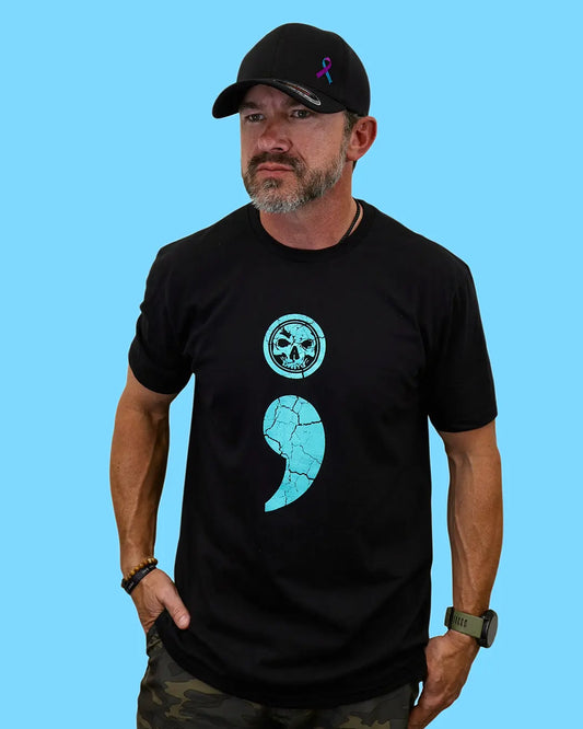Man wearing black Semicolon 2.0 T-shirt and semicolon cap