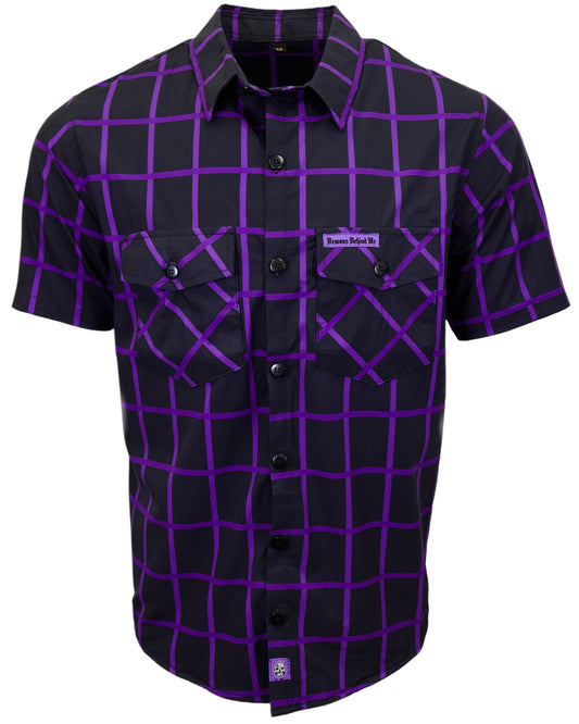 Black and purple checkered shirt with a brand label on a white background