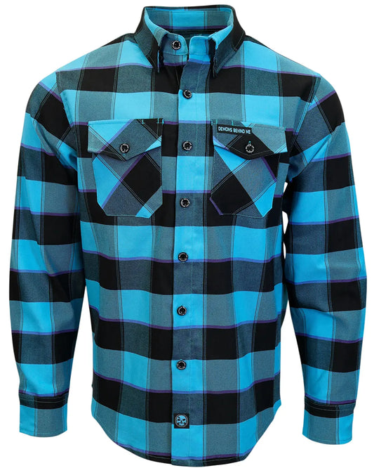 Front view of men’s “Survivor 2.0” teal, black and purple plaid stretch flannel