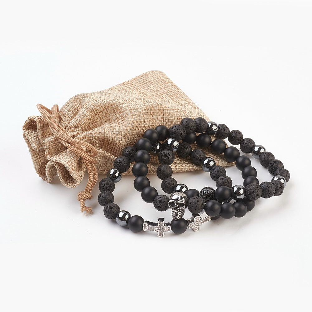 3 Bracelet Set!  Skull, Cross & More - Lava Rock Beads Bracelets