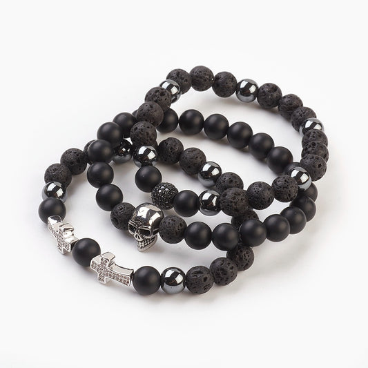 3 Bracelet Set!  Skull, Cross & More - Lava Rock Beads Bracelets