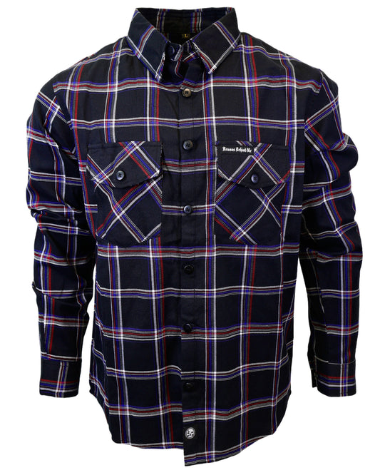 Plaid shirt with a brand logo on a white background