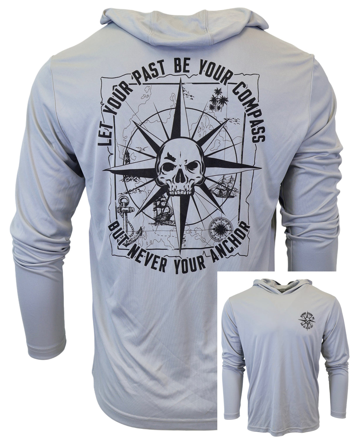 Light gray hoodie with skull and compass design on a white background