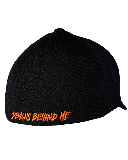 Black cap with 'Demons Behind Me' text in orange on a white background