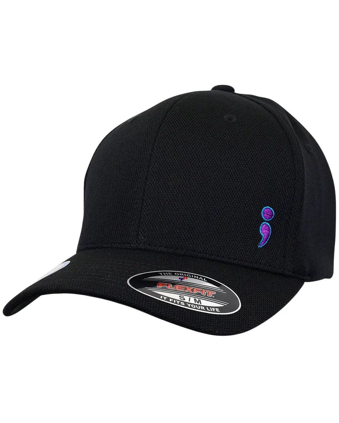 Front view of black “Never Fade” suicide prevention cap with purple-and-teal semicolon embroidery