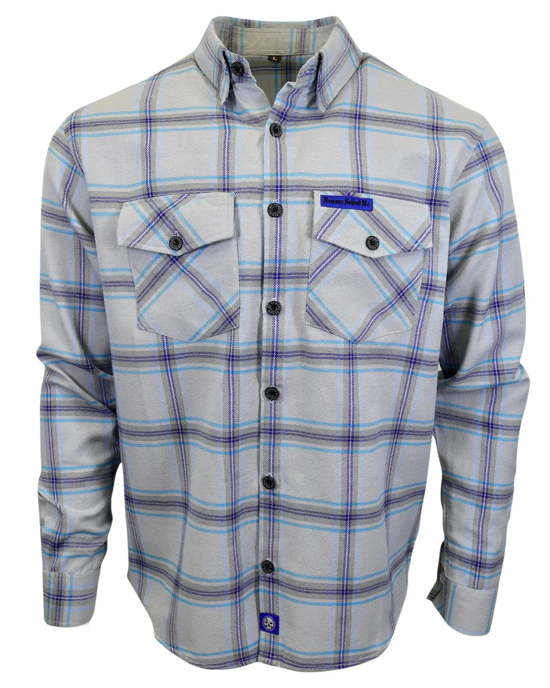 Men’s “Blueprint” gray plaid flannel shirt front view