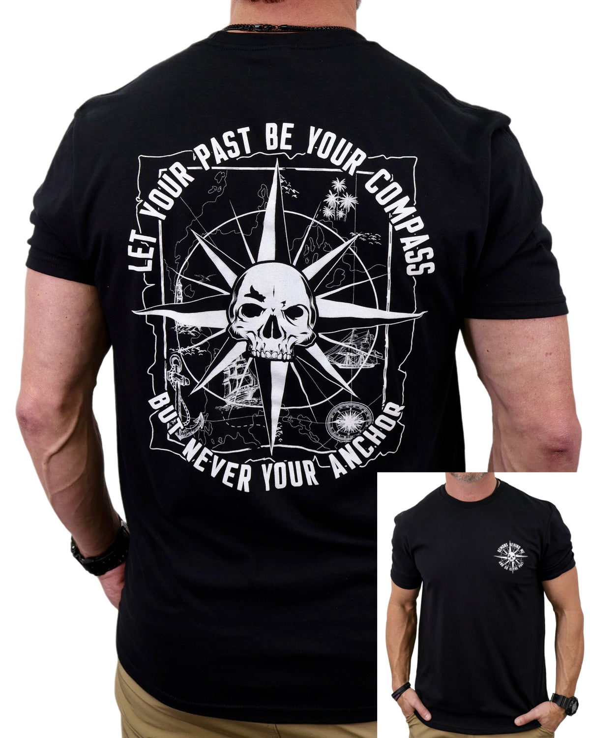 Black t-shirt with skull and compass design on the back, worn by a person.
