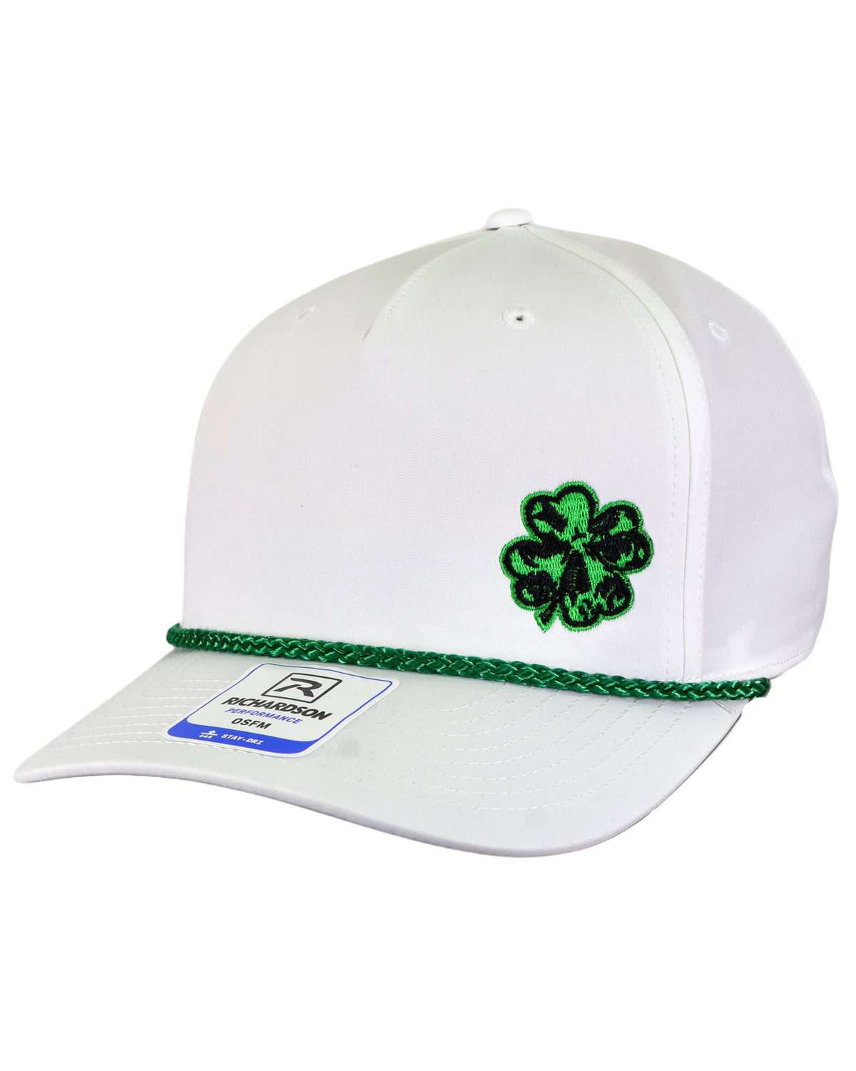White hat with green rope and green and black clover skull stitching, shot against a white background.