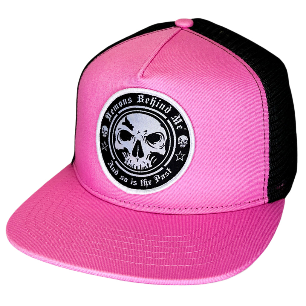 NEW! Pink & Black Classic Trucker Circle Skull Patch Hat