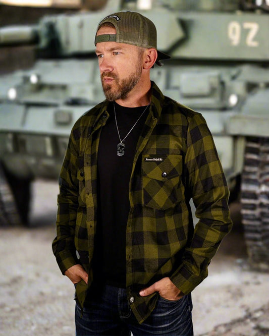 The "Tank" Military Green & Black Flannel (Hidden Snap Collars)