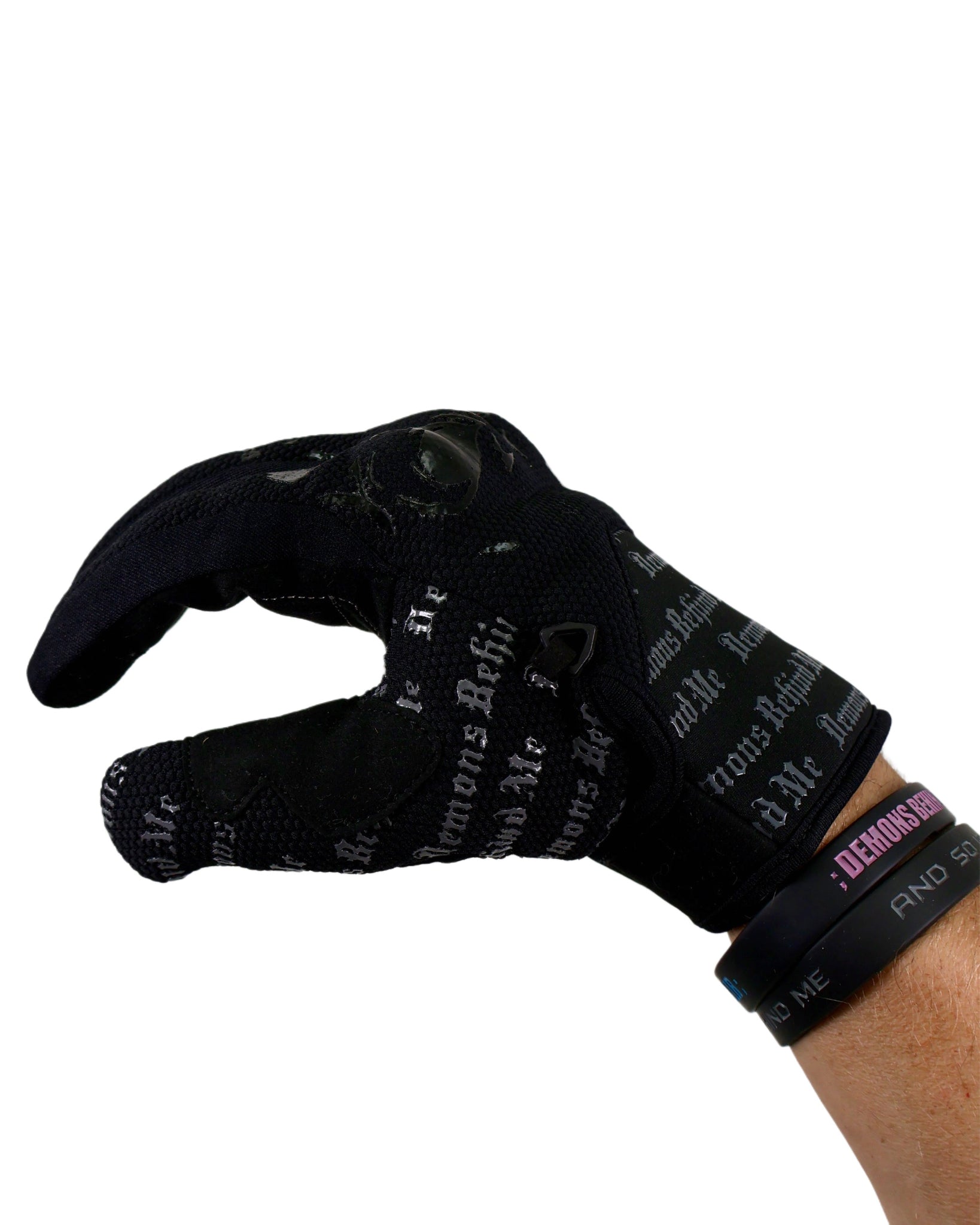 Black glove with text on a white background