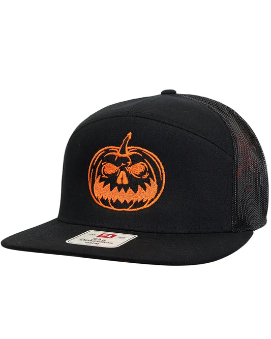 "Horror Collection" Richardson 7-panel black cap with Black Pumpkin embroidery, front three-quarter view
