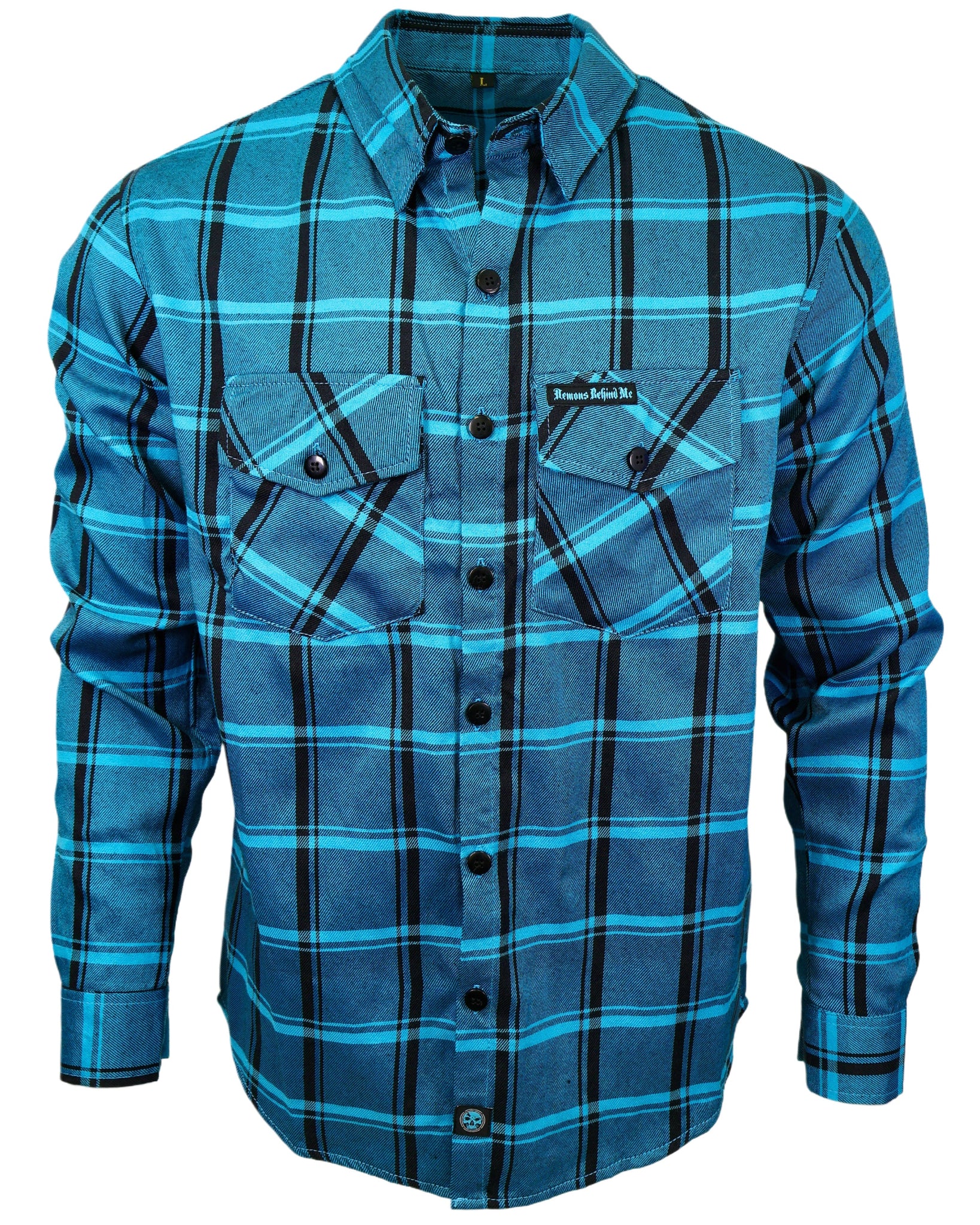 Blue plaid shirt with black stripes on a white background