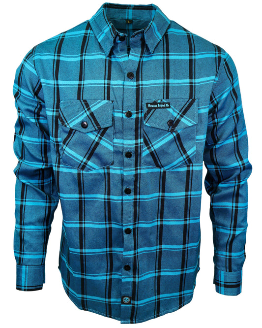 Blue plaid shirt with black stripes on a white background