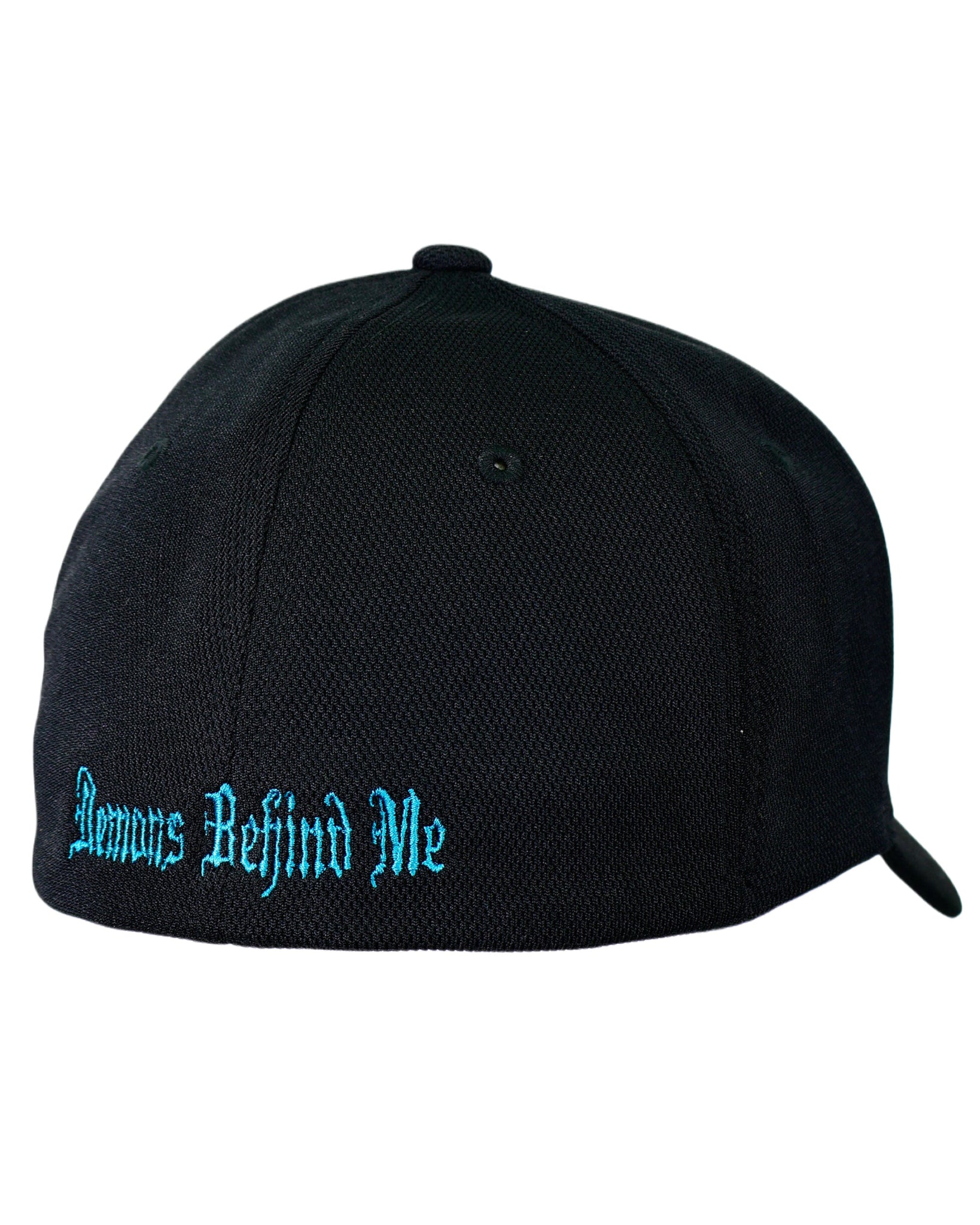 Black cap with 'Demons Behind Me' text in blue on a white background