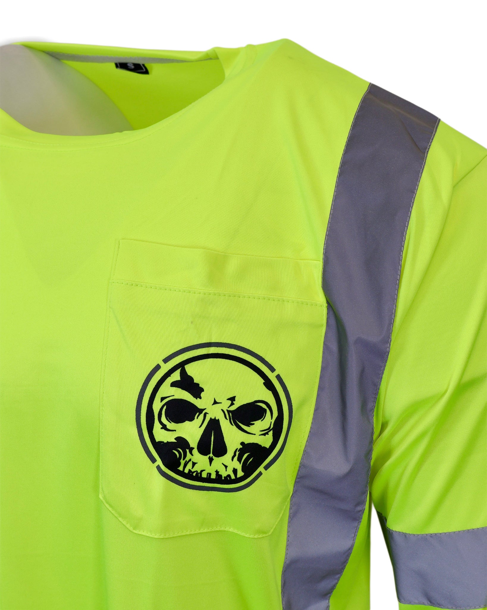 High-visibility safety vest with a skull design on a white background