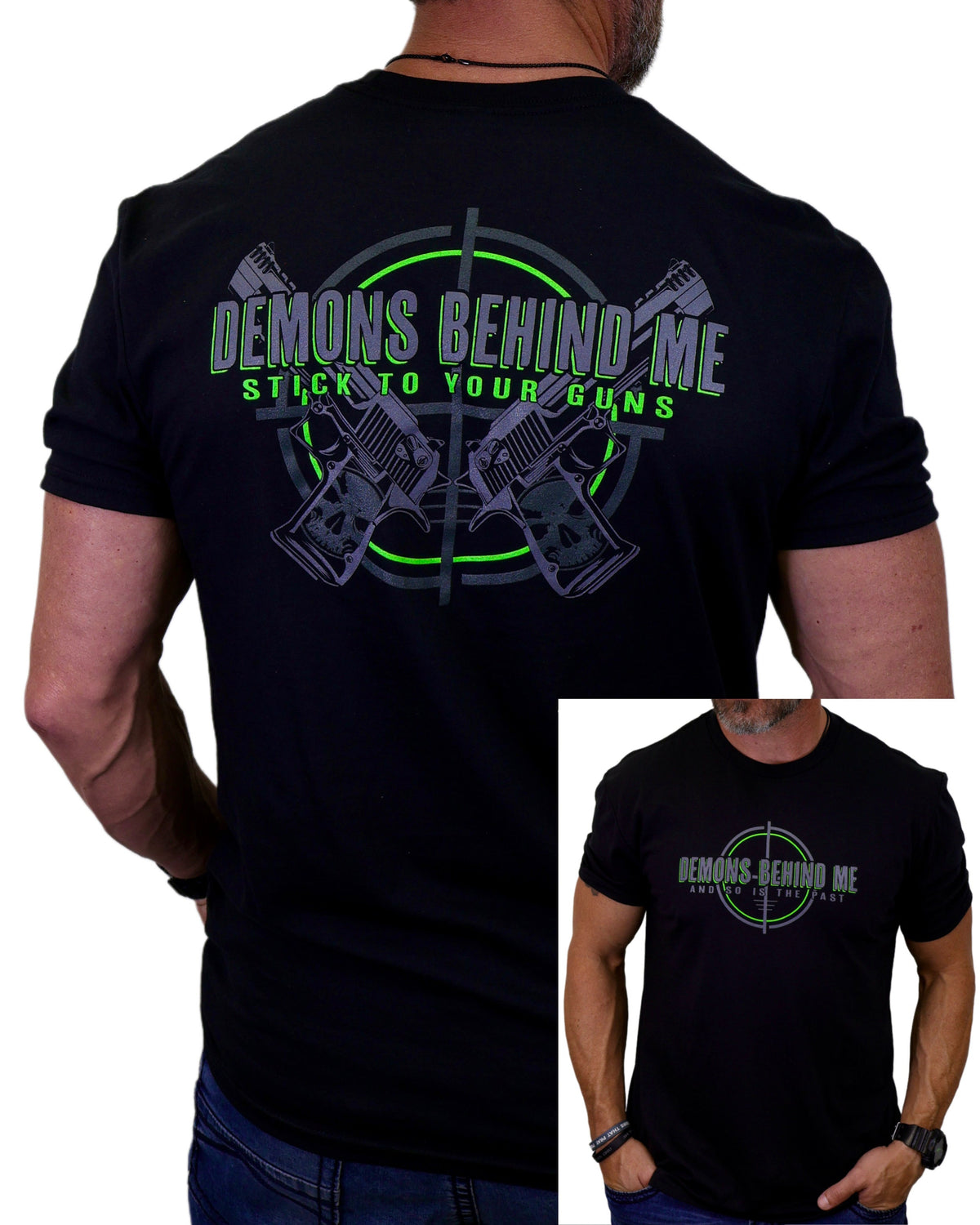 Black t-shirt with graphic design and text on the back, worn by a person.