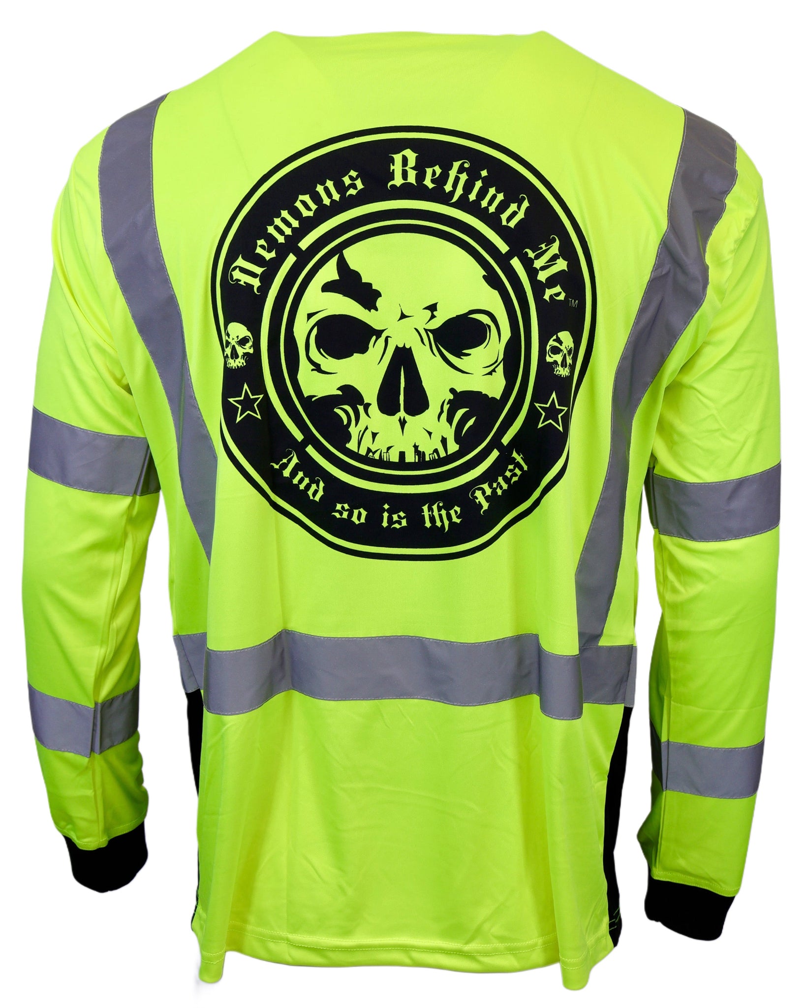 High-visibility safety shirt with skull design on the back, on a white background