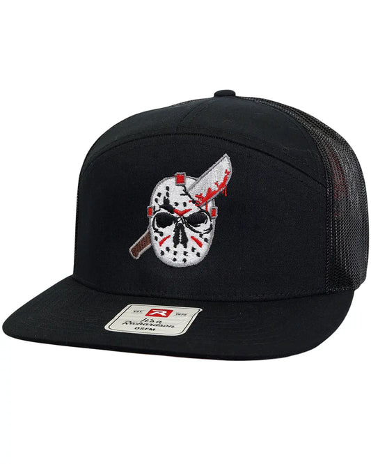 "Horror Collection" Richardson 7-panel black cap with Jason Mask embroidery, front three-quarter view