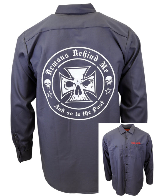 Charcoal work shirt with a logo on the back and text 'Demons Behind Me And so is the Past' on a white background.