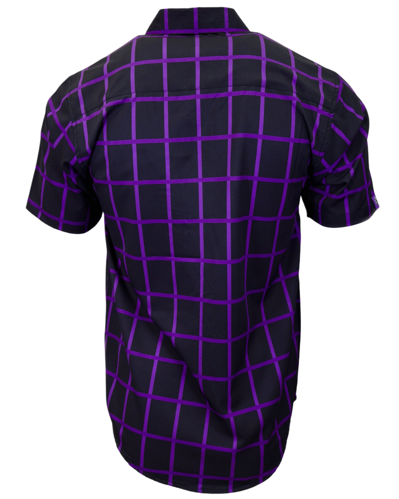Black shirt with purple grid pattern on a white background
