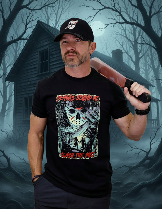 Man wearing a black t-shirt with a graphic design and holding a baseball bat on a white background