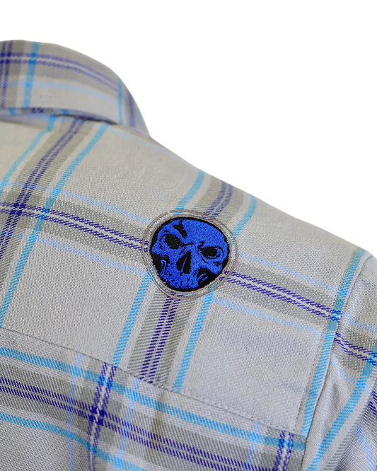 “Blueprint” flannel blue skull shoulder patch detail