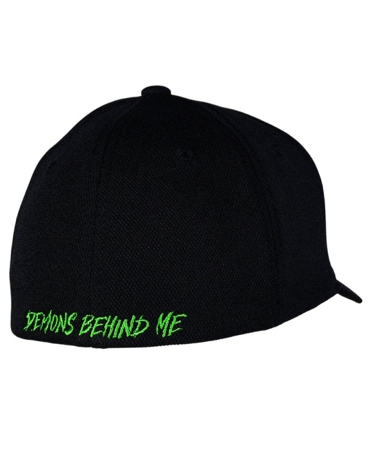 Black cap with green text 'DEMONS BEHIND ME' on a white background