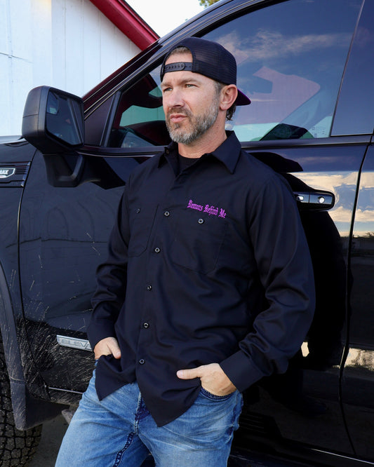 Men's Long Sleeve Black Embroidered Shop Shirt - Purple Logo