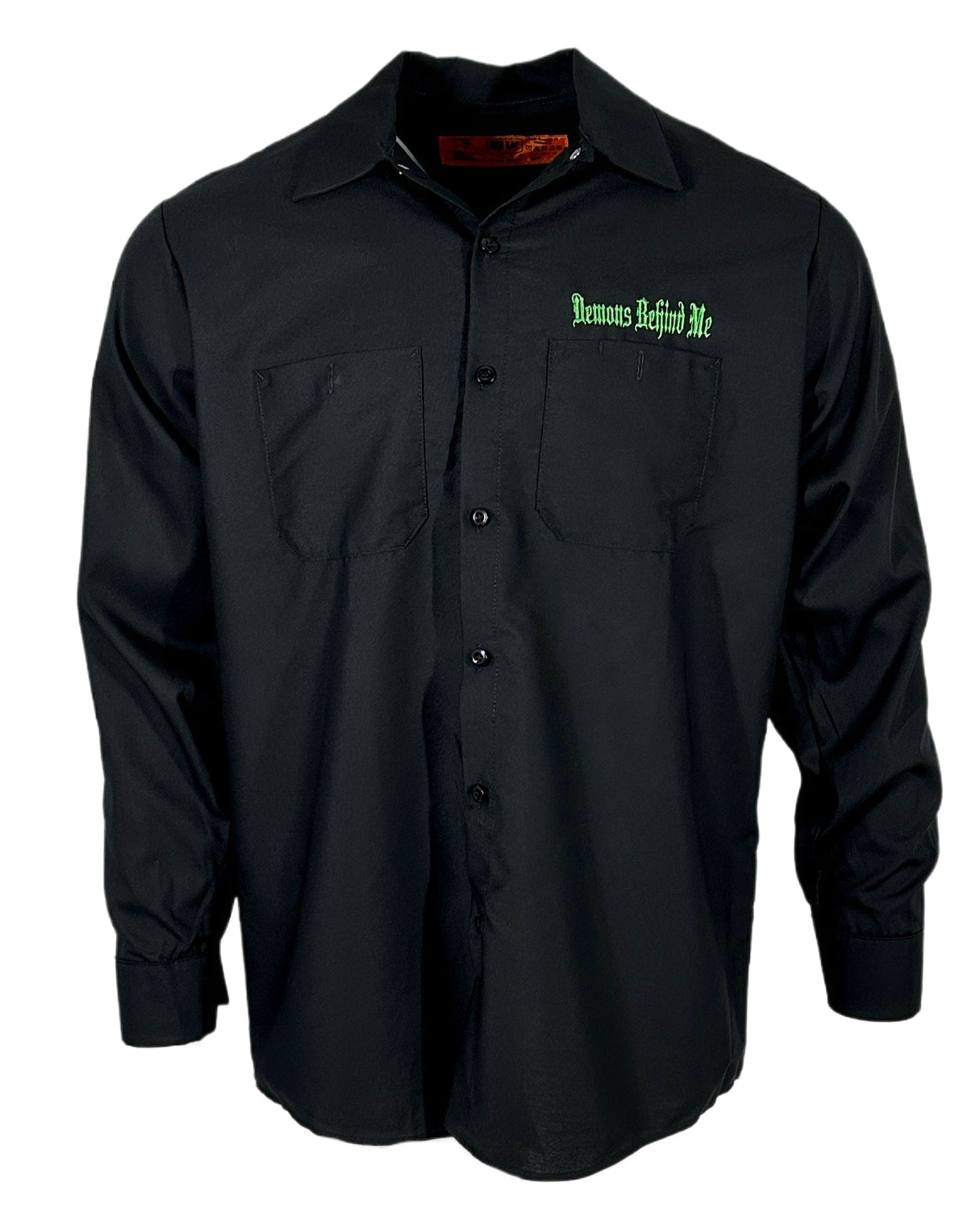 Men's Long Sleeve Black Embroidered Shop Shirt - Green Logo
