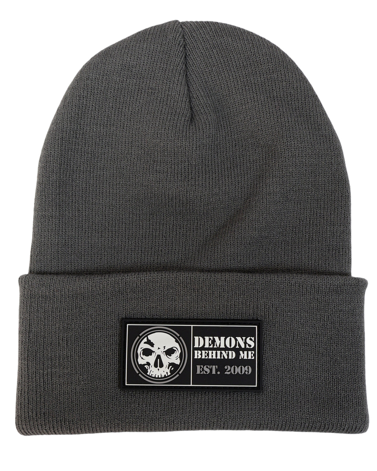 Gray beanie with large PVC 'Demons Behind Me' patch, shot against a white background. 