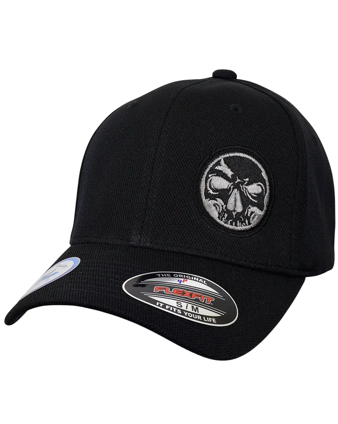 Black “Ghost” Never Fade fitted cap with silver skull embroidery, front view