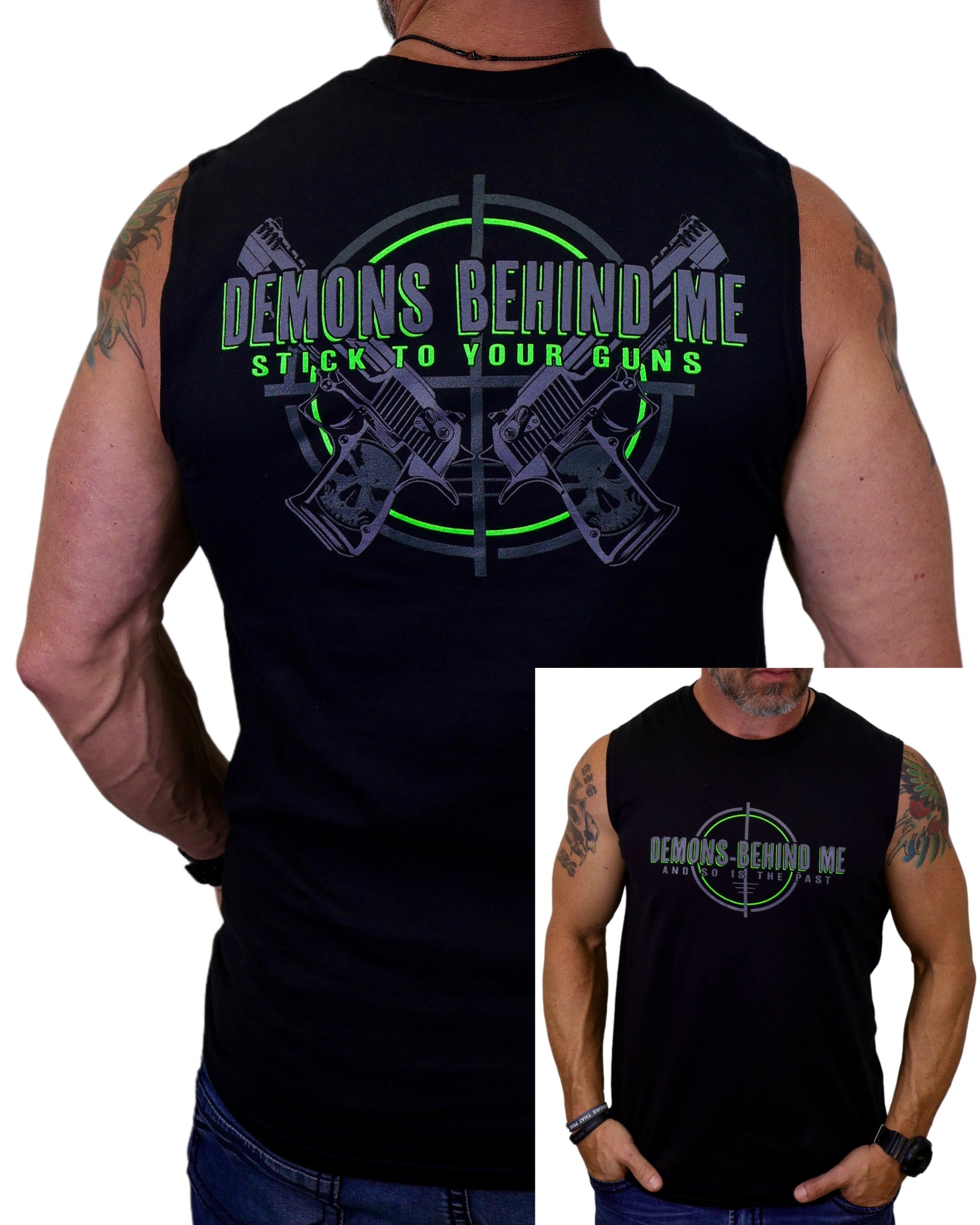 Black sleeveless shirt with graphic design and text on a white background