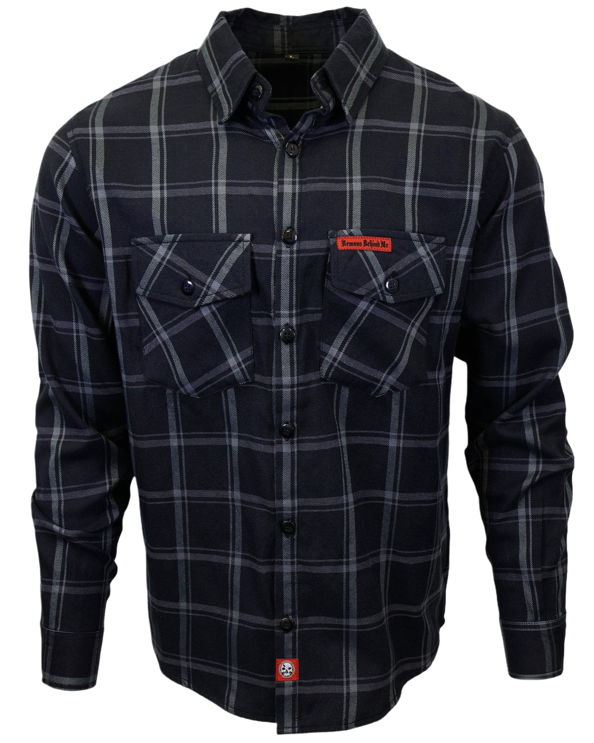 Black and gray plaid shirt with a brand logo on a white background