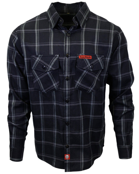 Black and gray plaid shirt with a brand logo on a white background