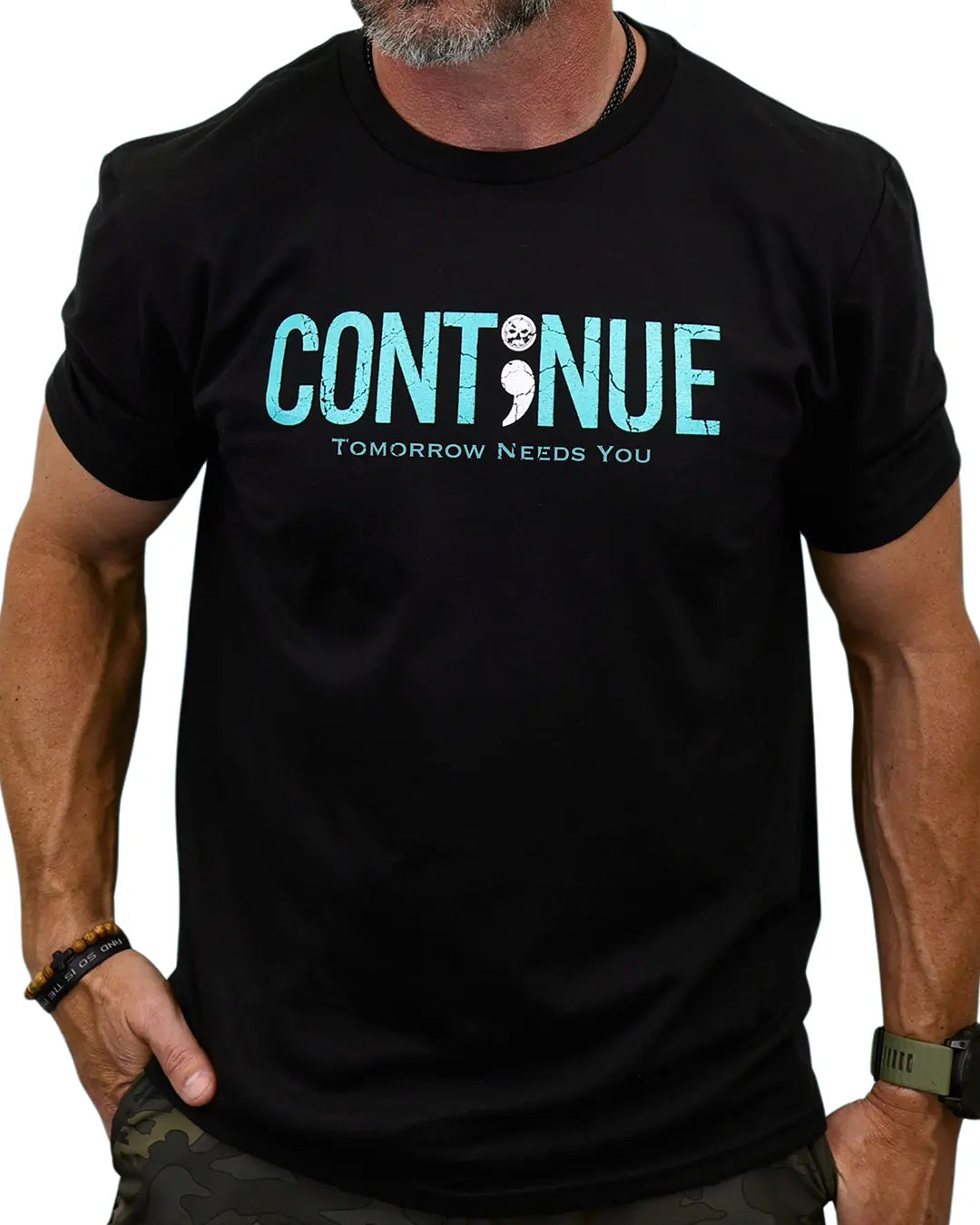 Men’s “Continue” suicide prevention T-shirt, front view