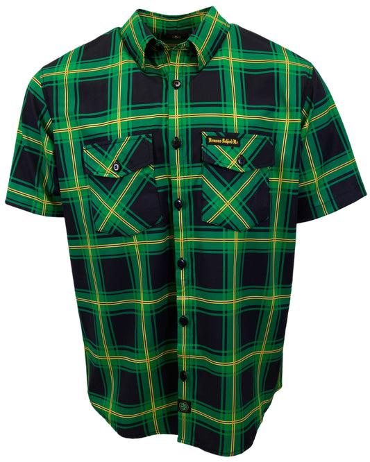 Bold black, green and gold button up shirt with 'Demons Behind Me' embroidered on the pocket, shot against a white background.